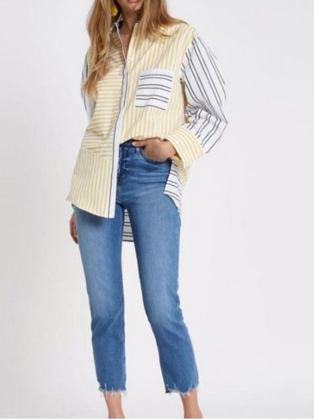 River Island mixed yellow white striped patchwork button-down shirt NWT Size 8
